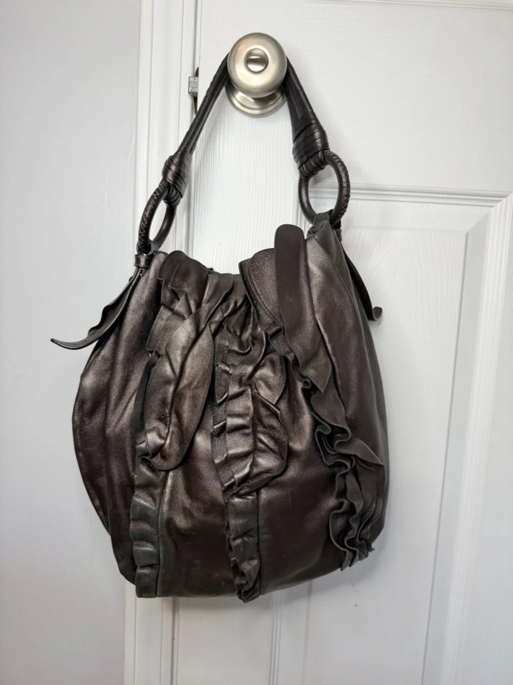 Prada Brown Nappa Mordore Ruffle Hobo Bag Purse.